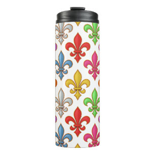 Garrafa Térmica Flores Coloridas e Negritas Fleur-de-lis Brancas