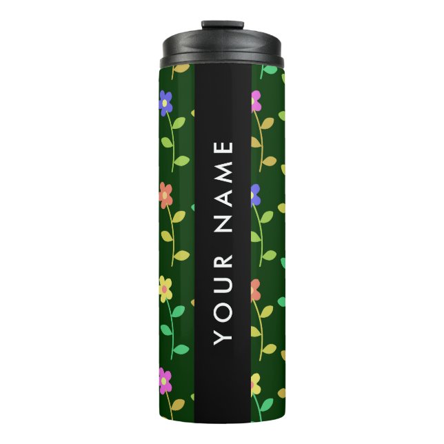 Garrafa Térmica Flores Coloridas, Fundo Verde, Preto (Frente)