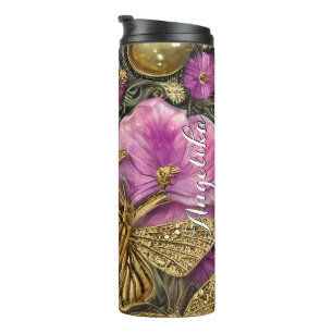 Garrafa Térmica Flores Cor-de-Rosa Borboletas Douradas Nome Person