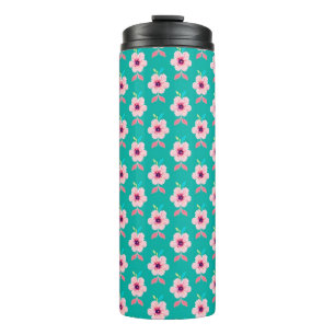 Garrafa Térmica Flores Cor-de-Rosa e Folhas em Fundo Teal