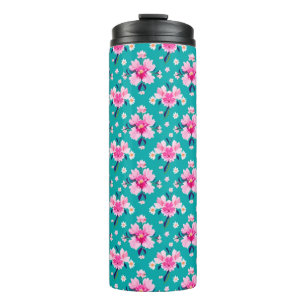 Garrafa Térmica Flores Cor-de-Rosa e Folhas em Fundo Teal
