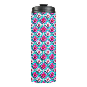 Garrafa Térmica Flores Cor-de-Rosa em um Fundo Geométrico Azul
