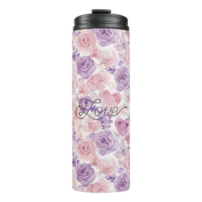 Garrafa Térmica Flores Corações Bege Rosa Roxo (Frente)