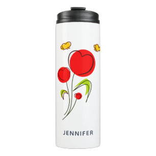 Garrafa Térmica Flores Cute Red Heart e Borboletas Amarelas