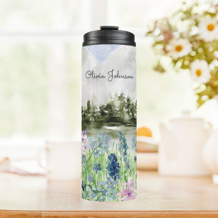Garrafa Térmica Flores de água-forte azul roxo monogramadas Prado