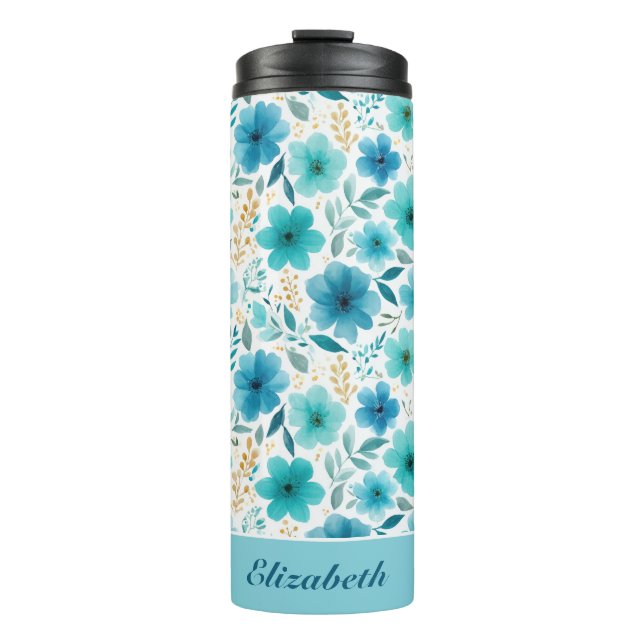 Garrafa Térmica Flores de Aquarela Azul Nome Personalizado Elegant (Frente)