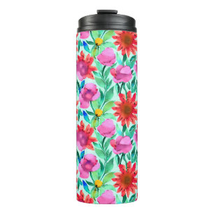 Garrafa Térmica Flores de Aquarela em Azul-turquesa, Vermelho e Ro