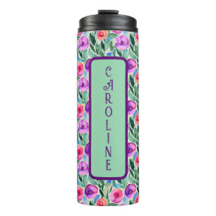 Garrafa Térmica Flores de Aquarela em Roxo, Rosa e Verde