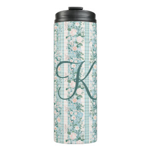 Garrafa Térmica Flores de Aquarela Rosa Azul com Xadrez Monograma