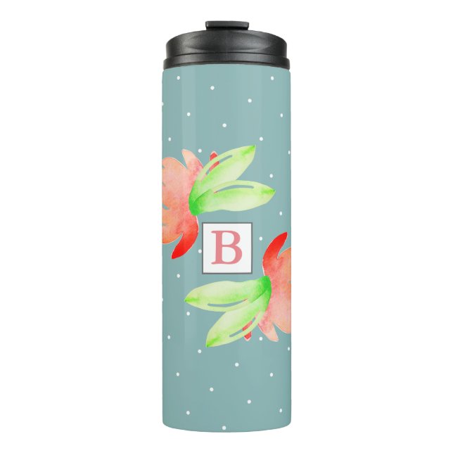 Garrafa Térmica Flores de Aquarela Rosa e Monograma de Folhagem (Frente)