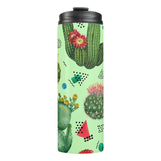 Garrafa Térmica Flores De Cactus: Fundo Geométrico De Aquarela. (Frente)