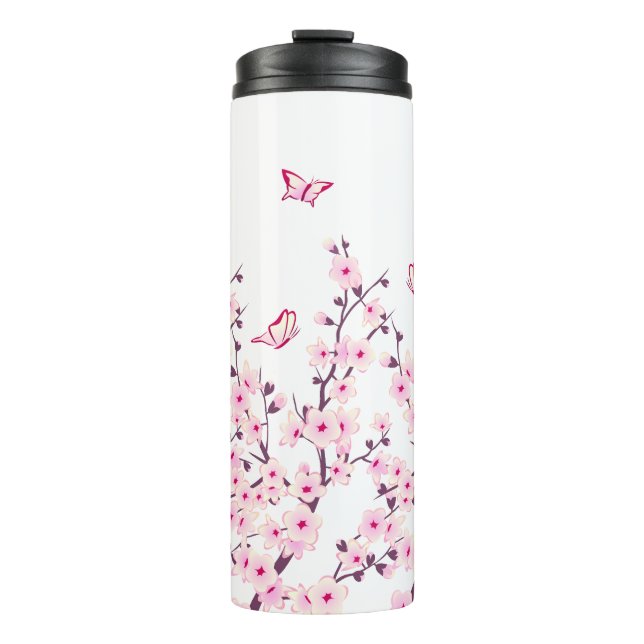 Garrafa Térmica Flores de Cerejeira Borboletas Rosa Branco (Frente)