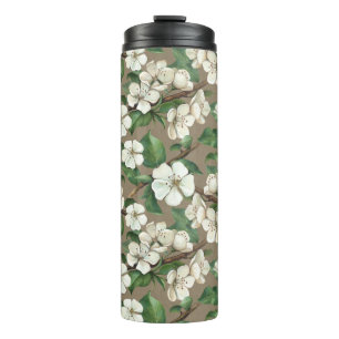 Garrafa Térmica Flores De Maçã De Aquarela: Padrão De Vintagem.