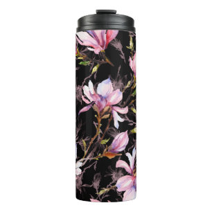 Garrafa Térmica Flores de magnólia cor-de-rosa com padrão de gal