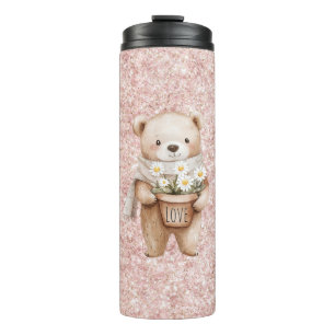 Garrafa Térmica Flores de Margarida de Urso Doce Brilho Rosa