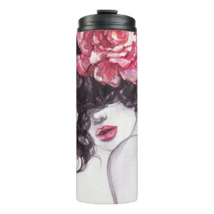 Garrafa Térmica Flores De Mulher, Fundo De Aquarela De Moda.