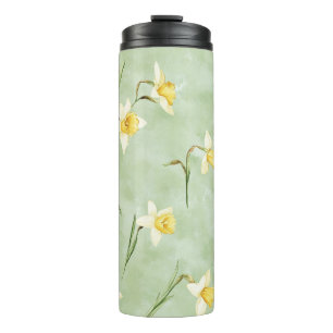 Garrafa Térmica Flores De Narciso Brancas Amarelas Verde Musgo Ani