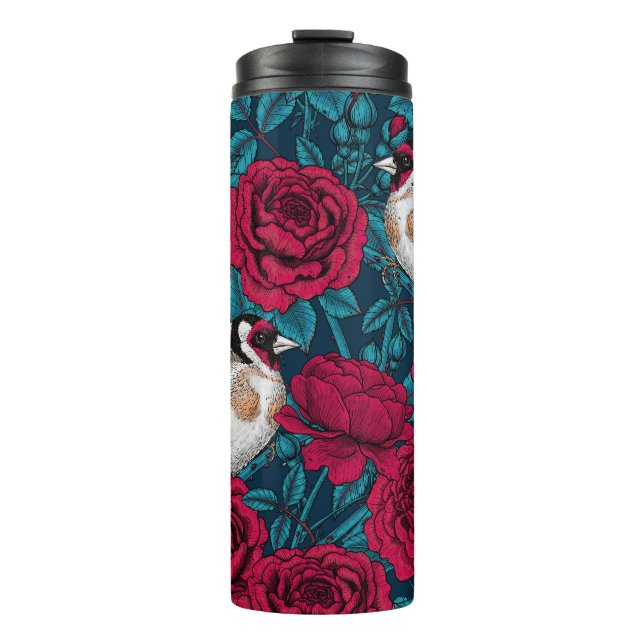 Garrafa Térmica Flores de rosa vermelha e aves-pintadas (Frente)