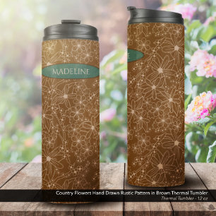 Garrafa Térmica Flores-do-campo Padrões Desenhados de Mão Marrom R