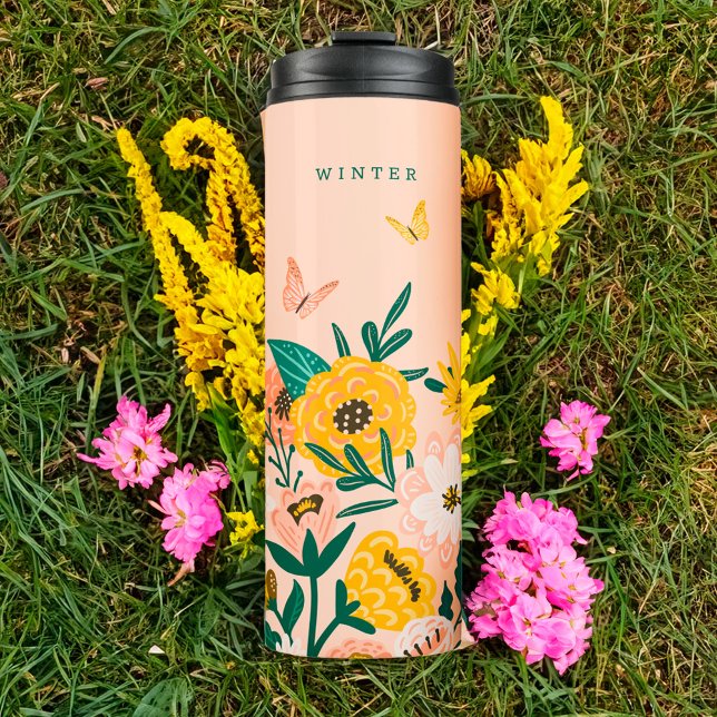 Garrafa Térmica Flores e Borboletas Amarelas bonito (Pretty Yellow Sunflower Wildflowers & Butterflies Thermal Tumbler)