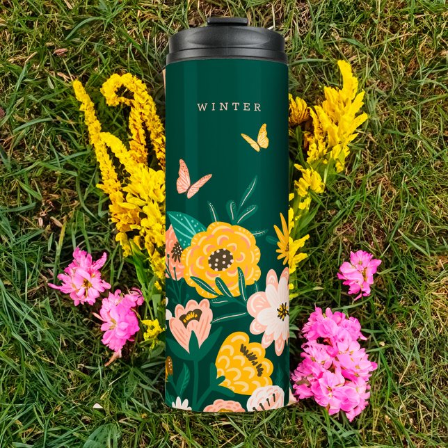 Garrafa Térmica Flores e Borboletas Amarelas bonito (Pretty Yellow Sunflower Wildflowers & Butterflies Thermal Tumbler)