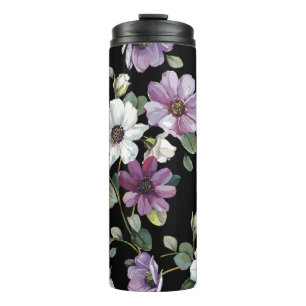 Garrafa Térmica Flores Elegantes Cosmos: Sem Costura De Aquarela.