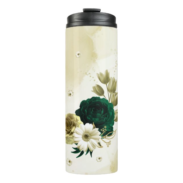 Garrafa Térmica Flores esmeralda verde marfim dourado (Frente)