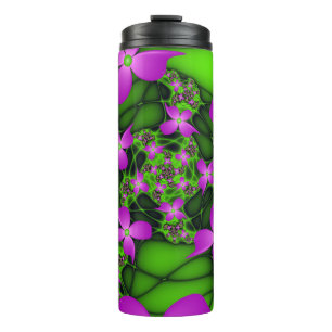 Garrafa Térmica Flores Fractais Abstratas Modernas Rosa Verde Neon