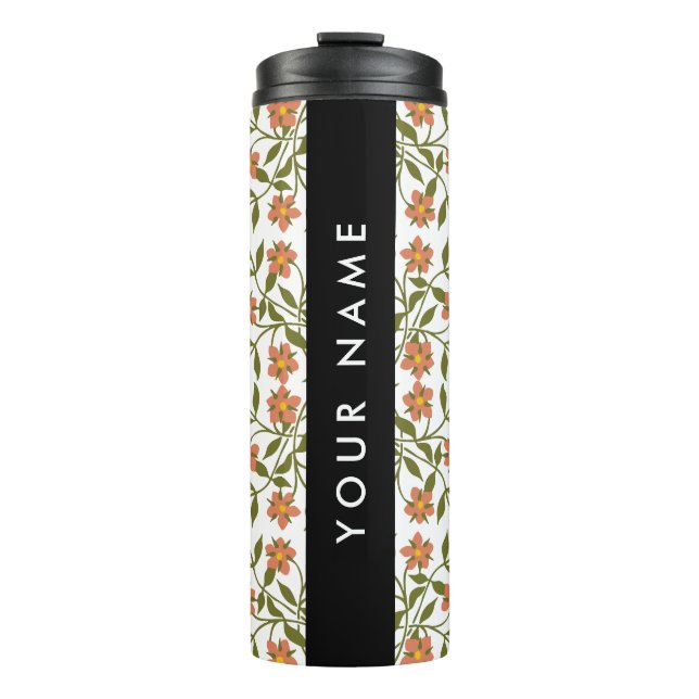 Garrafa Térmica Flores Laranja, Padrão Floral, Boho, Seu Nome (Frente)