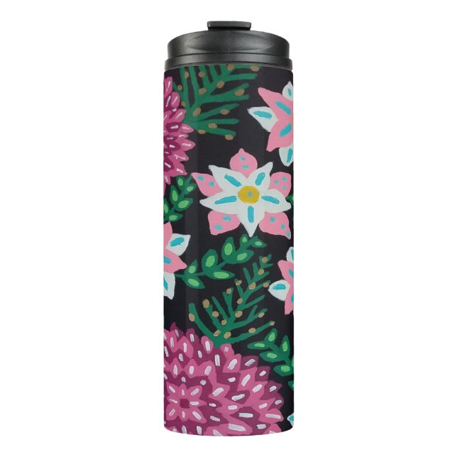 Garrafa Térmica Flores magenta em preto (Frente)