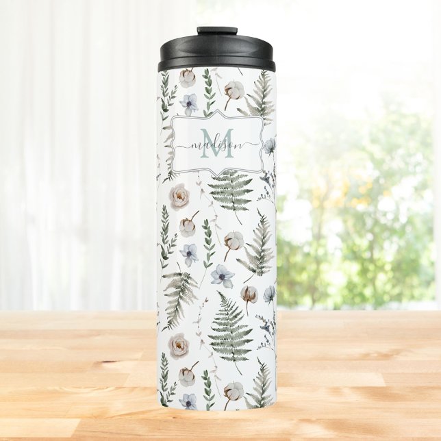 Garrafa Térmica Flores Monogramas e Folhas de Fern (In situ)