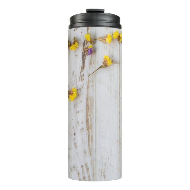 Garrafa Térmica Flores primavera amarelas, decor de prancha branca (Frente)