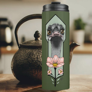 Garrafa Térmica Flores Rosa Avestruz Verde Oliva Art Déco