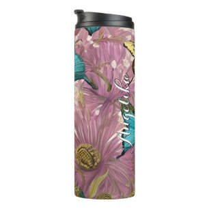 Garrafa Térmica Flores Rosa Bege Borboletas Douradas e Turquesa