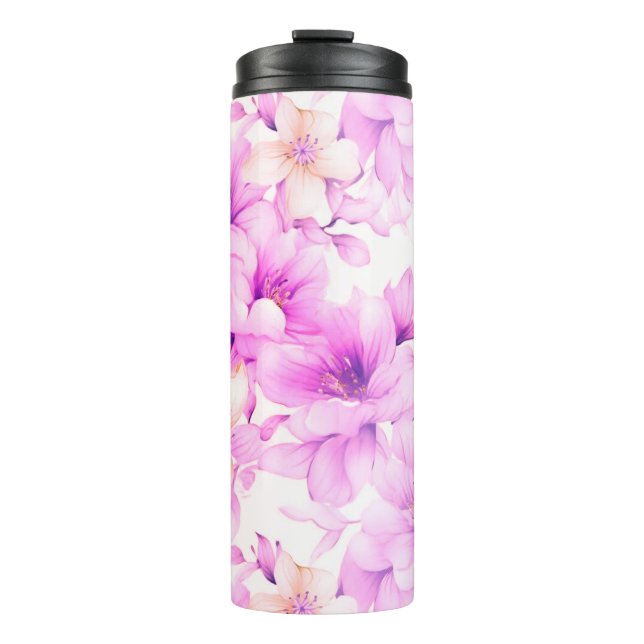 Garrafa Térmica Flores Rosa De Aquarela Delicada (Frente)