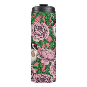 Garrafa Térmica Flores rosas rosa rosa e aves-pintadas