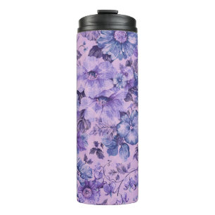 Garrafa Térmica Flores Roxas e Rosadas em Fundo Lavanda
