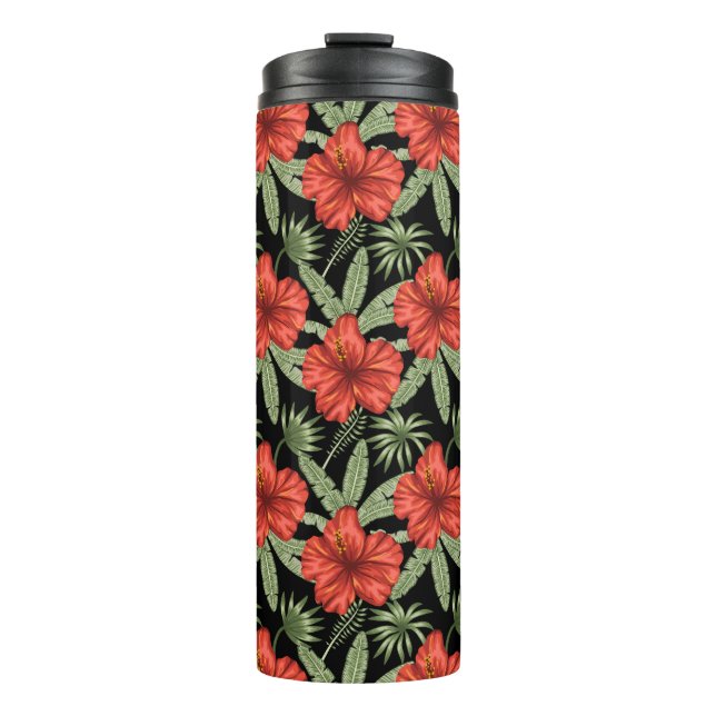 Garrafa Térmica Flores tropicais vermelhas Folhas verdes (Frente)