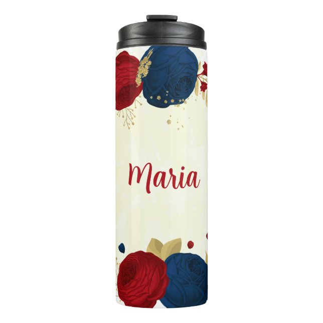 Garrafa Térmica flores vermelhas e azuis-marinho folhas douradas (Frente)