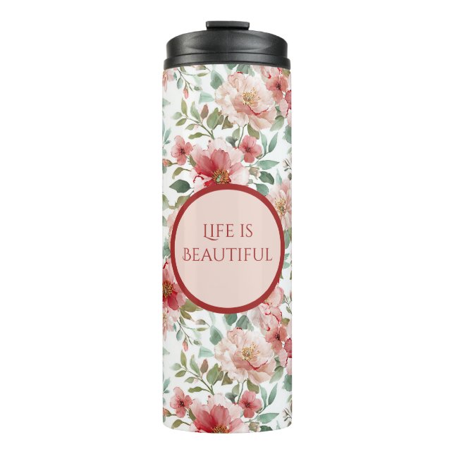 Garrafa Térmica Flores Vermelhas Rosadas Citação Personalizada (Frente)