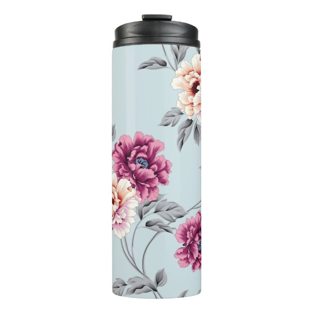 Garrafa Térmica flores violetas e amarelas com padrão de folhas em (Frente)