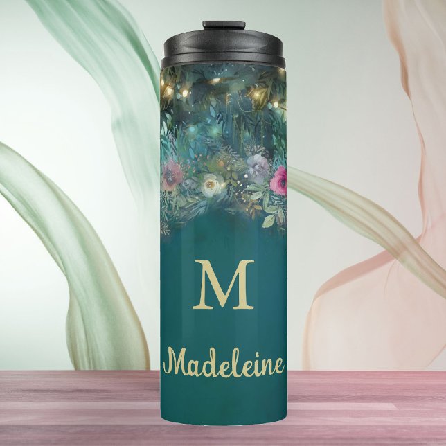 Garrafa Térmica Floresta Selvagem Encantada Rosa verde-vegetação f (enchanted forest water bottle monogram calligraphy wild roses floral emerald gold woodland fairy)