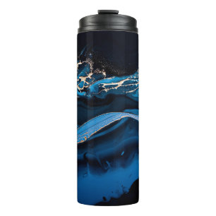 Garrafa Térmica Fluido Arte Líquida Metálico Dourado em azul abstr