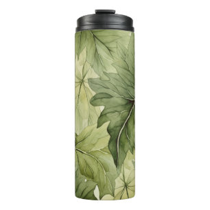Garrafa Térmica Folhas Botânicas Verdes em Aquarela