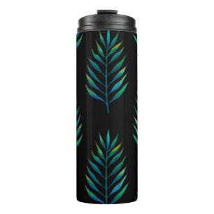 Garrafa Térmica Folhas de aquarela verde sobre fundo preto