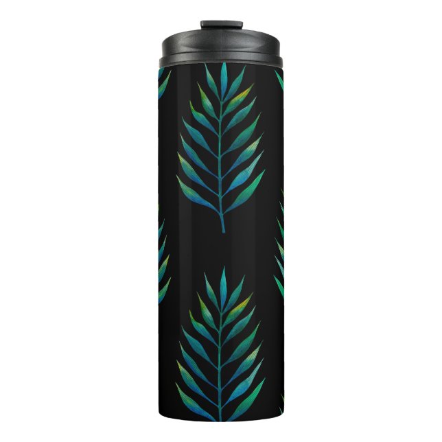 Garrafa Térmica Folhas de aquarela verde sobre fundo preto (Frente)