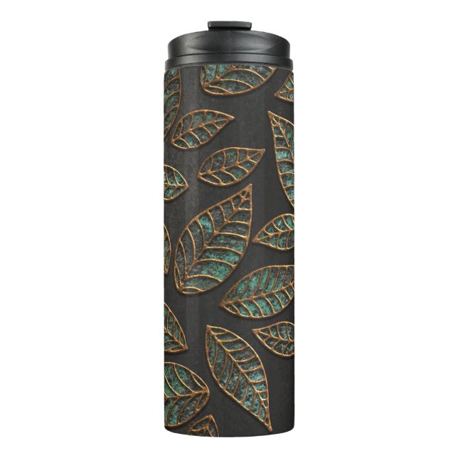Garrafa Térmica Folhas de cobre: textura preta do grunge. (Frente)