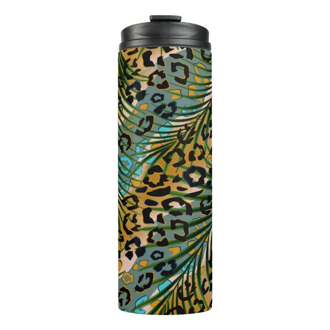 Garrafa Térmica Folhas de palma num fundo-leopardo. (Frente)