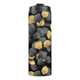 Garrafa Térmica Folhas de preto e ouro. Padrão