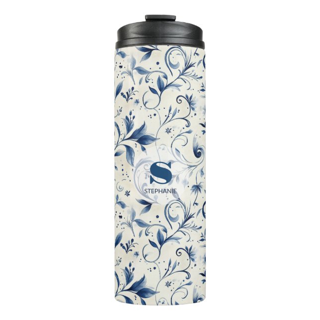 Garrafa Térmica Folhas de salsa azul Elegante - Fundo branco (2) (Frente)